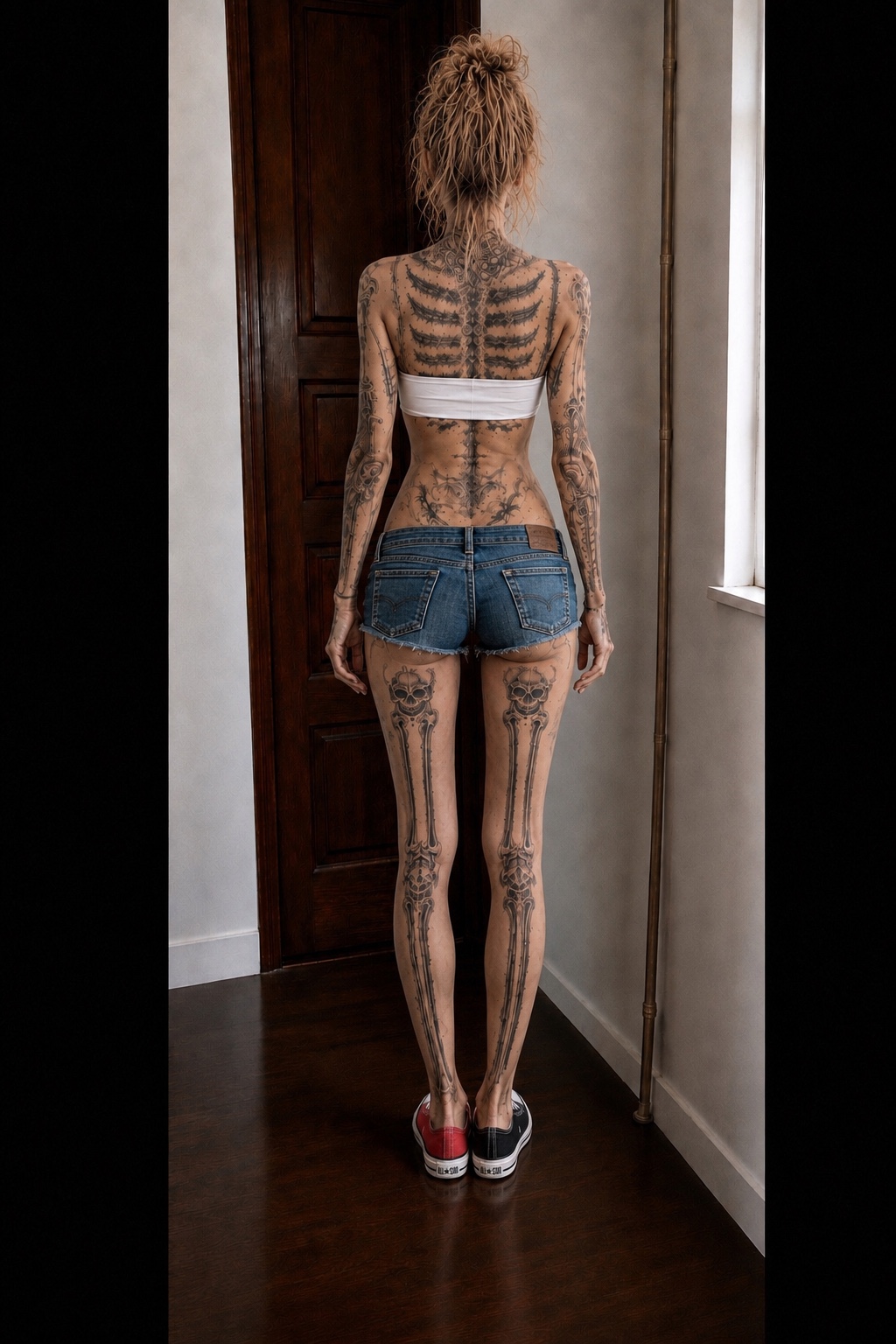 Back view of Jynx Valentine in denim shorts showing black skeletal tattoo designs